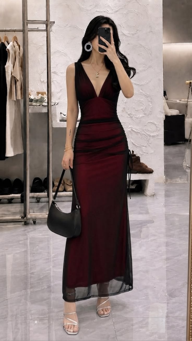 Charming Sheath V Neck Black Chiffon Burgundy Satin Prom Dress Party Dress DP6556