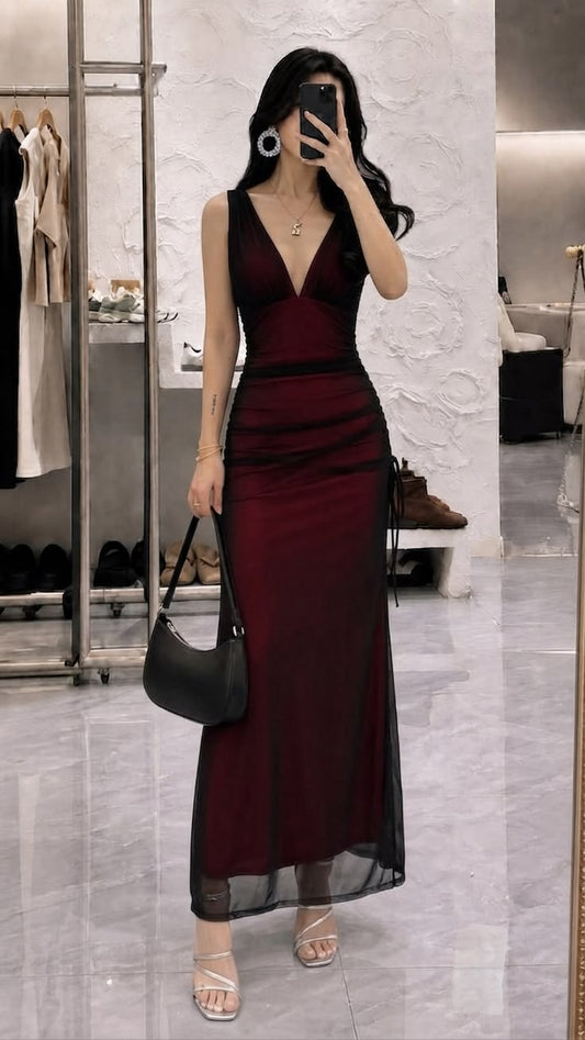 Charming Sheath V Neck Black Chiffon Burgundy Satin Prom Dress Party Dress DP6556