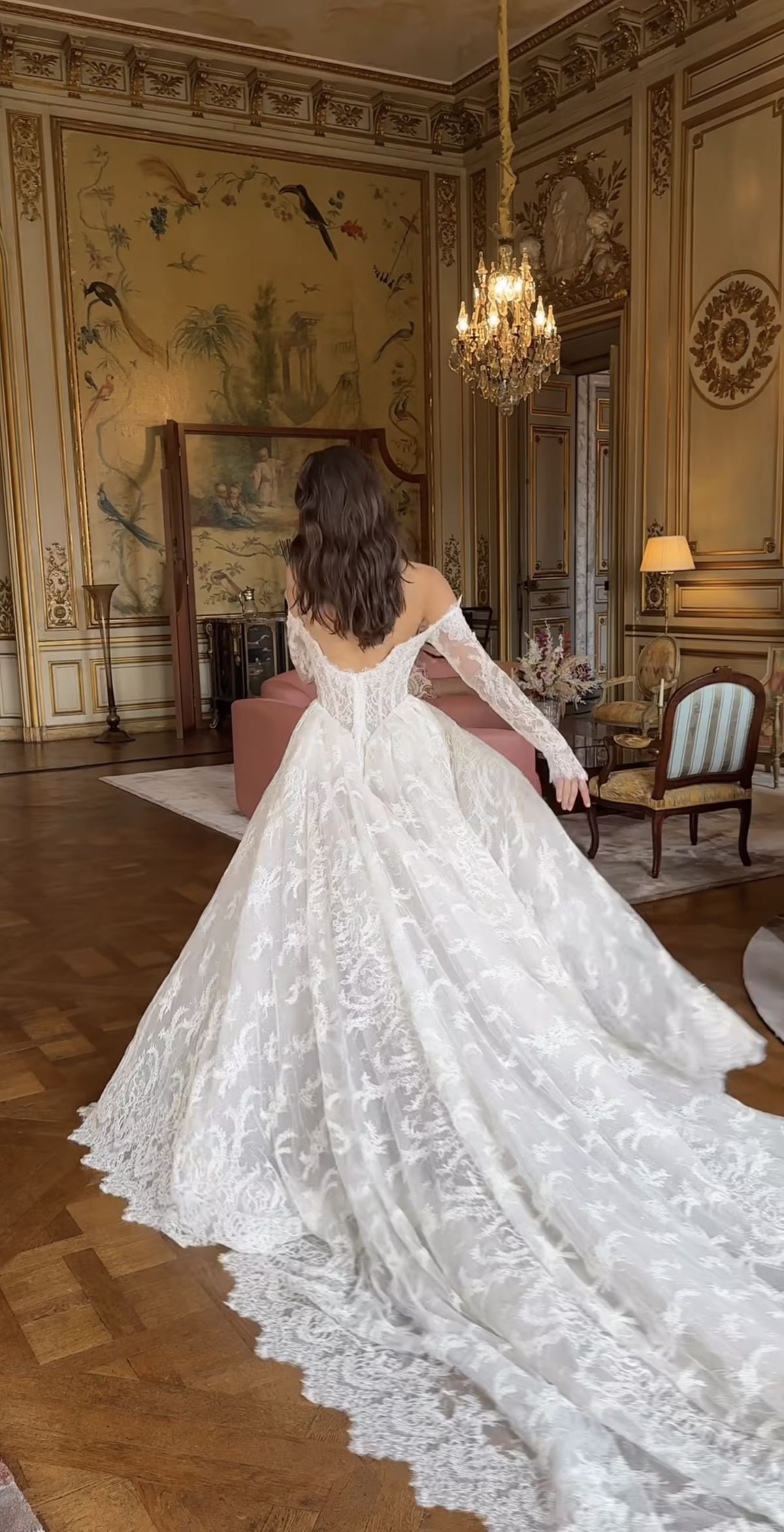 Classic A Line Long Sleeve White Lace Long Sweep Wedding Dress DP4104