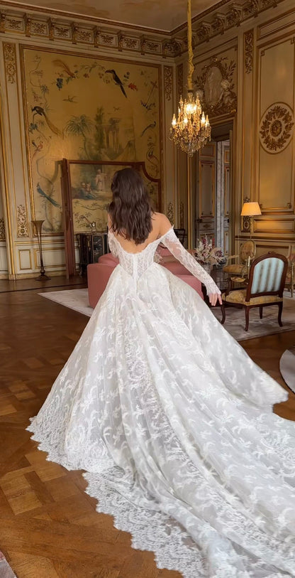 Classic A Line Long Sleeve White Lace Long Sweep Wedding Dress DP4104