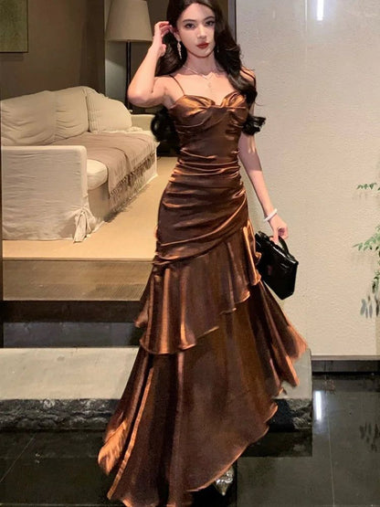 Brown Mermaid Spaghetti Straps Long Prom Dresses Birthday Party Dress Evening Gowns DP4236