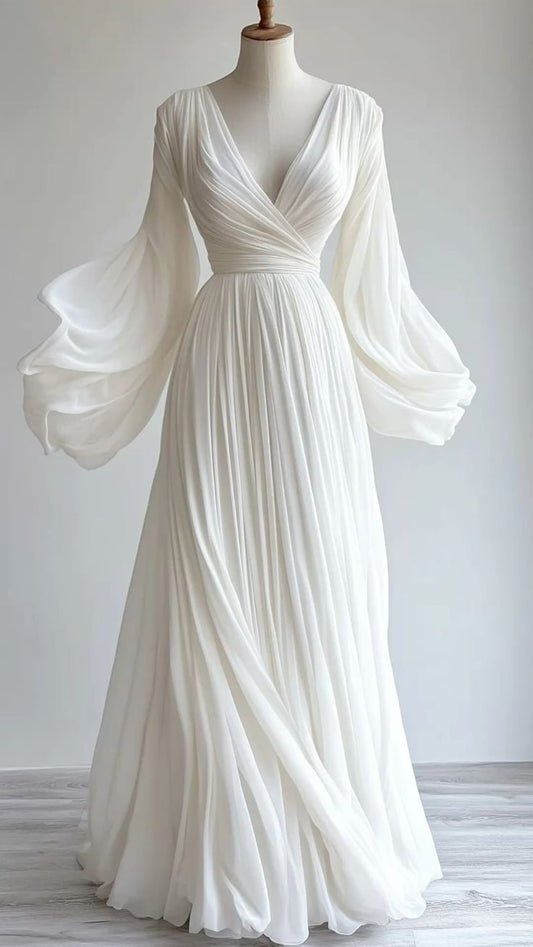 Simple Flowy White A Line V Neck Long Sleeve Pleated Chiffon Party Dress Formal Dress DP3202