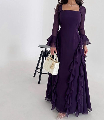 Dark Purple A Line Long Sleeve Ruffle Chiffon Prom Dress Evening Dress DP3461