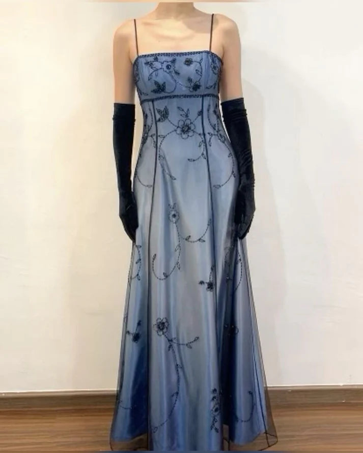 Vintage A Line Spaghetti Strap Beaded Chiffon Blue Satin Prom Dress Graduation Prom Dress DP2196