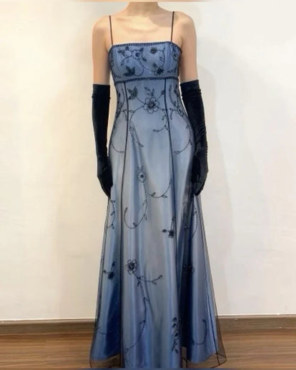 Vintage A Line Spaghetti Strap Beaded Chiffon Blue Satin Prom Dress Graduation Prom Dress DP2196