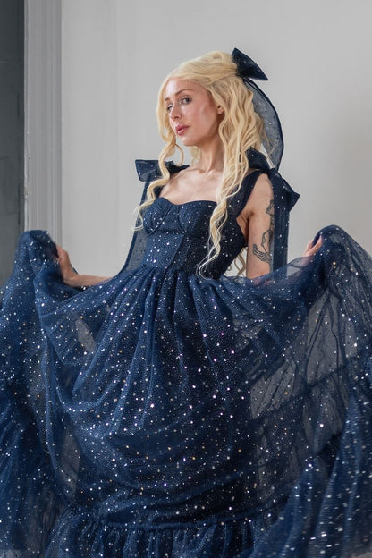 Star Sequin Navy Blue A Line Straps Layered Tulle Date Dress Prom Dress Evening Dress DP3371