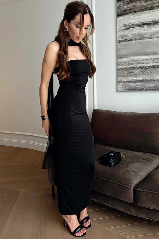 Sexy Sheath Strapless Black Satin Long Prom Dress Evening Dress DP6120