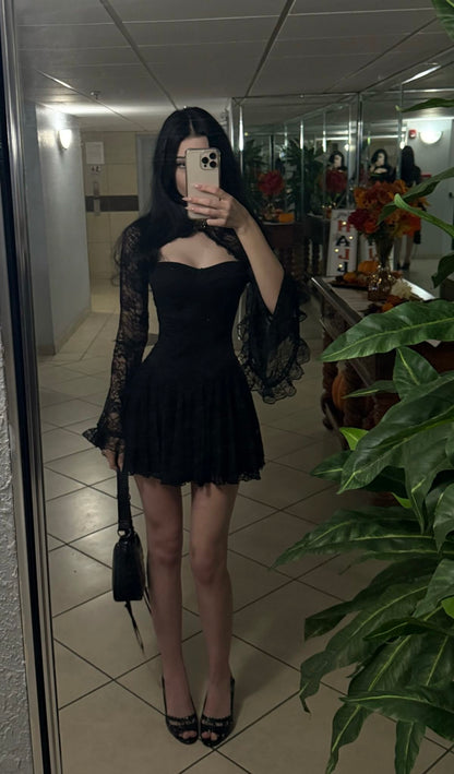 Two Piece Black A Line Strapless Lace Short Prom Dress Homecoming Dress DP6751