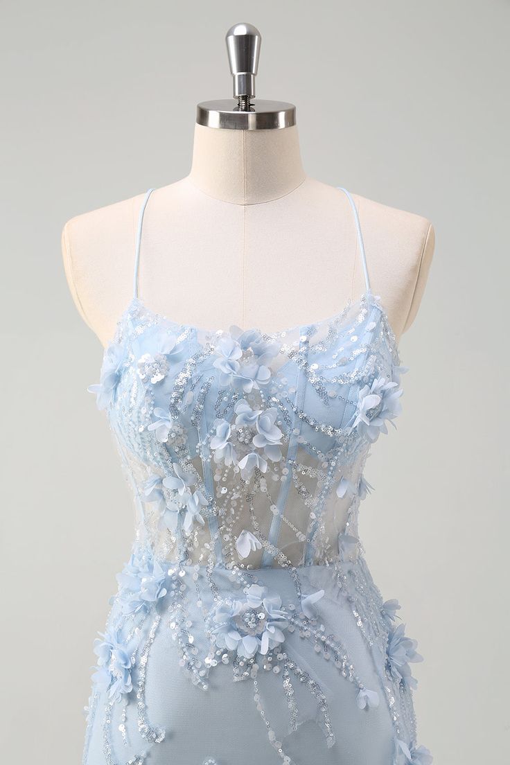 Sparkly Blue Mermaid 3D Flowers Satin Tulle Long Prom Dress Evening Dress DP1326