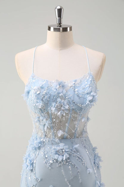 Sparkly Blue Mermaid 3D Flowers Satin Tulle Long Prom Dress Evening Dress DP1326