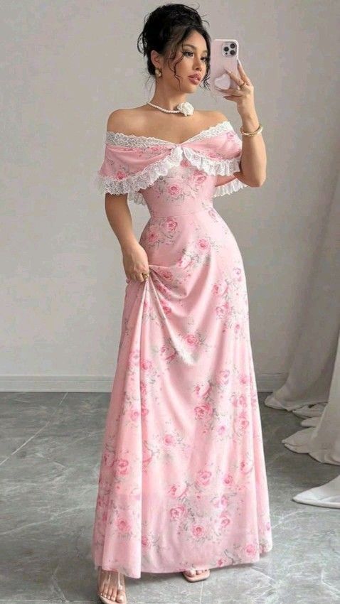 Gentle Pink A Line Off the Shoulder Print Chiffon Prom Dress Date Dress DP7001