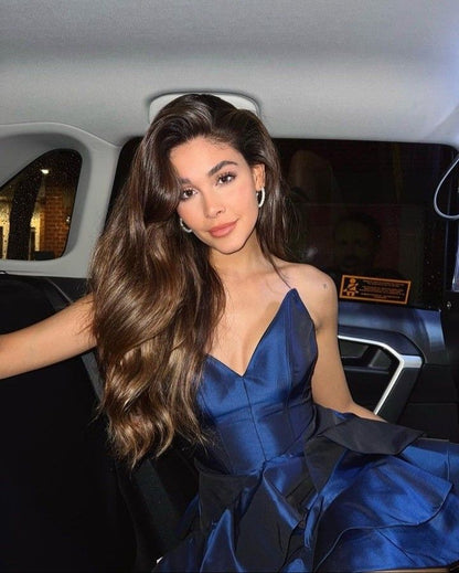 Navy Blue A Line Strapless Layered Satin Short Cocktail Dress Homecoming Dress DP2874