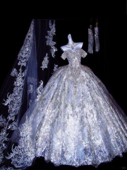 Stunning Exquisite Rhinestone Ball Gown Sequin Tulle Long Prom Dress Wedding Dress DP4636