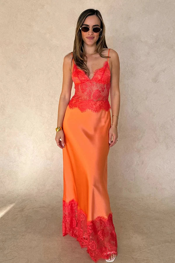 Romantic Orange A Line Straps Lace Satin Prom Dress Party Evening Dress DP5377