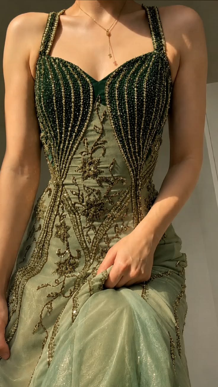 Glamorous A Line Spaghetti Straps Green Beaded Tulle Long Prom Dress Date Dress DP7540