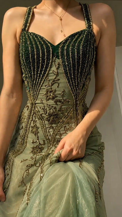 Glamorous A Line Spaghetti Straps Green Beaded Tulle Long Prom Dress Date Dress DP7540