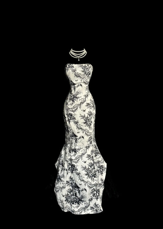 Classic Mermaid Strapless Print Floral Satin Long Prom Dress Wedding Guest Dress DP3939