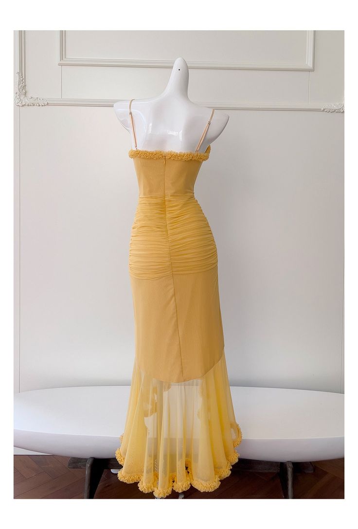 Yellow Mermaid Spaghetti Straps Tulle Long Prom Dress Evening Dress DP1414