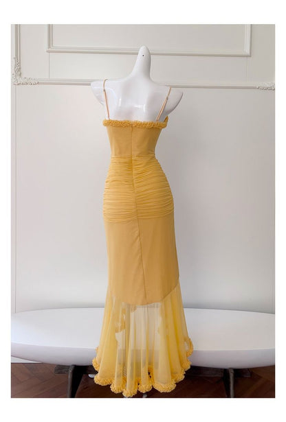 Yellow Mermaid Spaghetti Straps Tulle Long Prom Dress Evening Dress DP1414