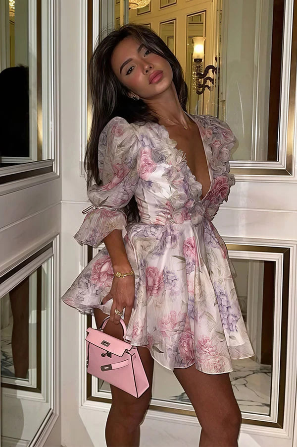 Pretty A Line Long Sleeve Print Floral Chiffon Mini Dress Homecoming Dress DP5370