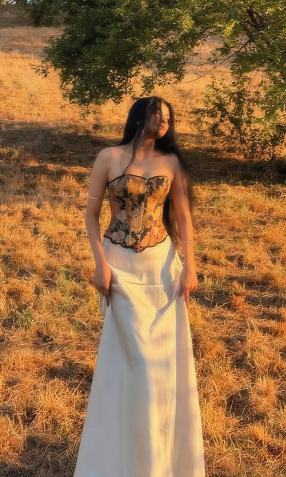 Vintage Two Piece A Line Strapless Printed Satin Long Prom Dress Date Dress DP7020