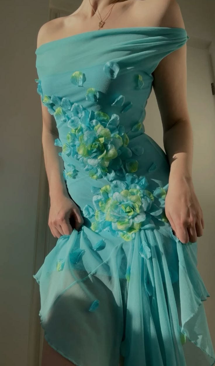 Sweet 16 Blue Off-shoulder Chiffon Bodycon Short Party Dresses 3D Applique Enchanted Homecoming Dresses DP7536