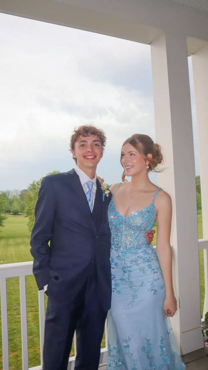 Charming Blue Mermaid Straps Sequin Tulle Prom Dress Evening Dress DP6102