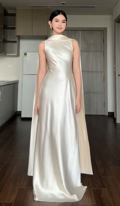 Elegant A Line Round Neck Ivory Satin Long Prom Dress Party Dresses Formal Gown DP3662