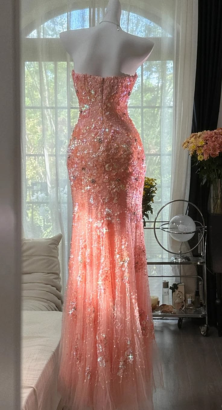 Pink Orange Mermaid Sweetheart Neck Shiny Sequin Beaded Tulle Prom Dress Evening Dress DP5746
