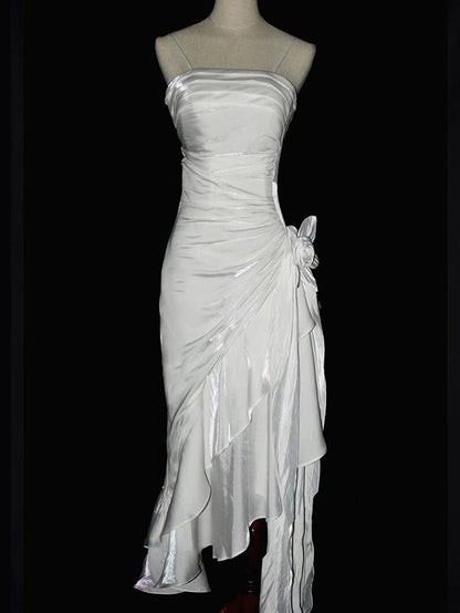 White Vintage Floral Spaghetti Strap Satin Prom Dress Asymmetrical Hem Prom Gown DP2033