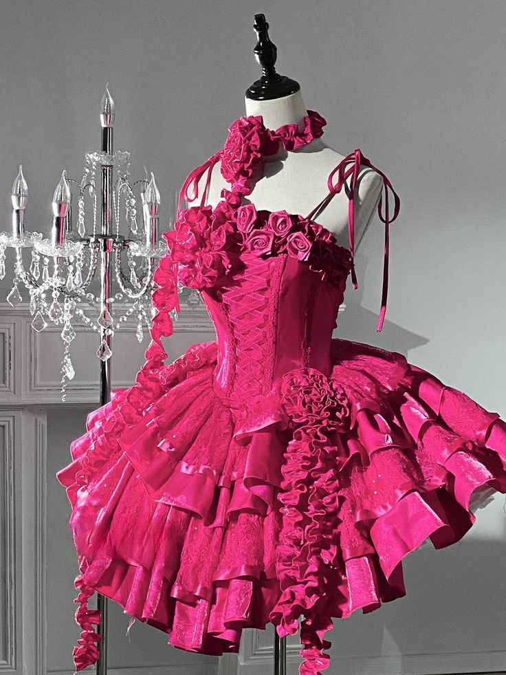 Pink Roses Neckline Lolita Goth Boning Dress Sequins Tiered Ruffle Dress DP4069
