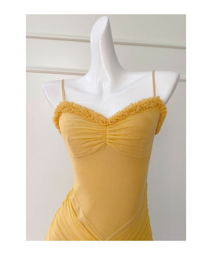 Yellow Mermaid Spaghetti Straps Tulle Long Prom Dress Evening Dress DP1414