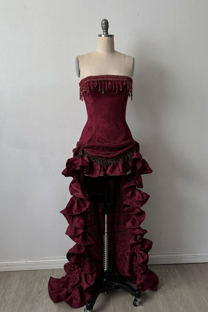Vintage Burgundy A Line Strapless Beaded Satin Ball Gown DP4838