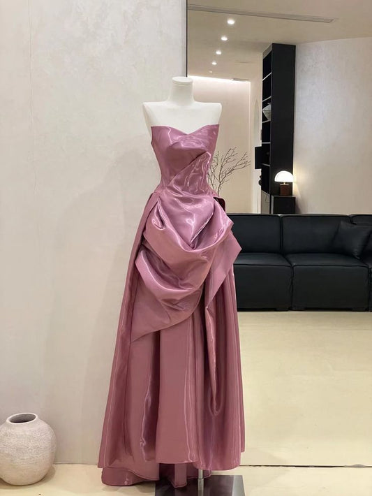 Gentle A Line Sweetheart Neck Pink Satin Long Prom Dress Evening Dress DP2900