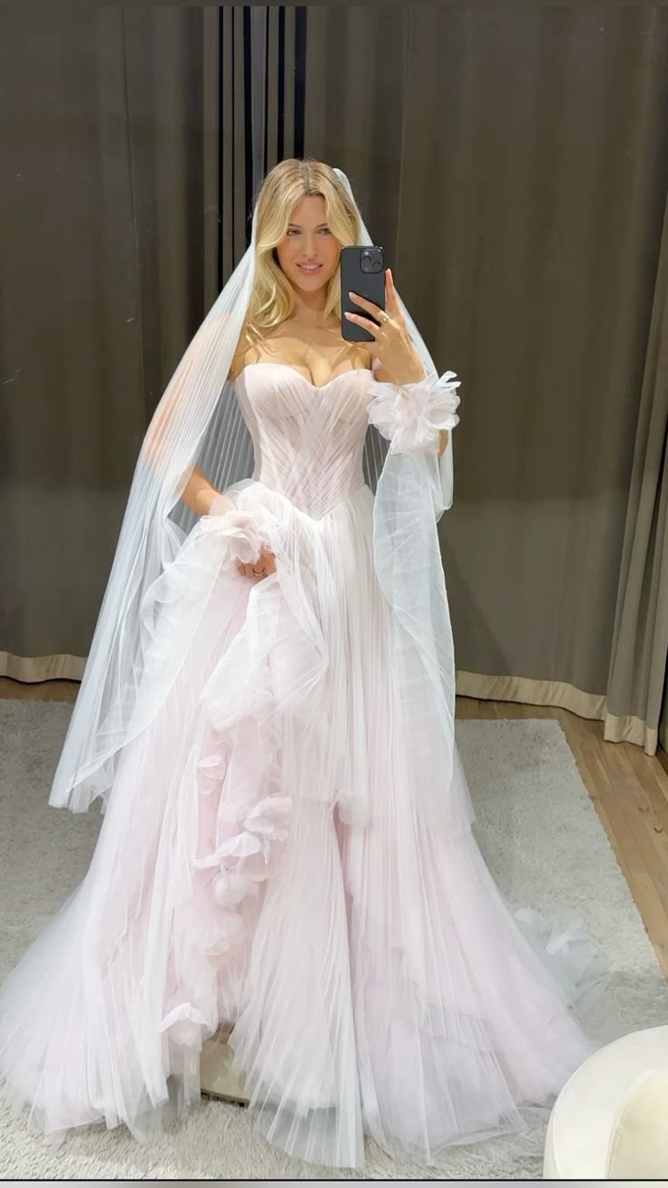 Stunning A Line Sweetheart Neck Light Pink Tulle Long Wedding Dress DP1783