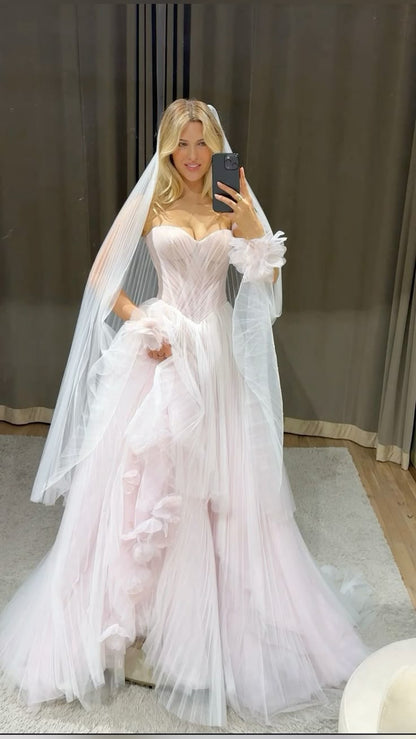 Stunning A Line Sweetheart Neck Light Pink Tulle Long Wedding Dress DP1783