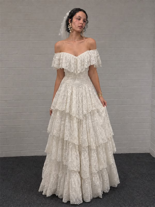 Vintage Ivory A Line V Neck Layered Lace Long Prom Dress Party Dress DP8239