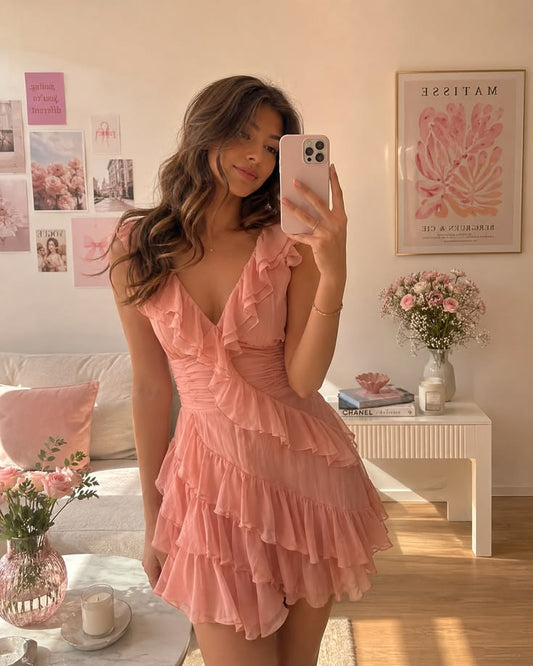 Sweety Pink A Line V Neck Ruffle Chiffon Short Prom Dress Homecoming Dress DP6760