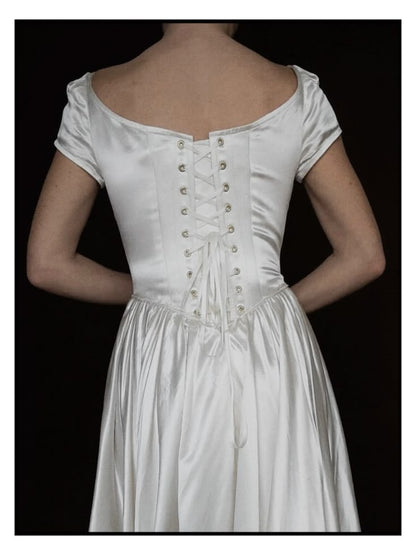 1940s Boat Neck Ballet White Satin Long Wedding Dress DP5211