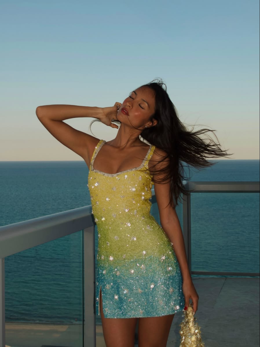 Blue Yellow Ombre Sheath Strap Beaded Sequin Short Prom Dress Homecoming Dress DP7574