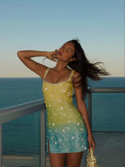 Blue Yellow Ombre Sheath Strap Beaded Sequin Short Prom Dress Homecoming Dress DP7574
