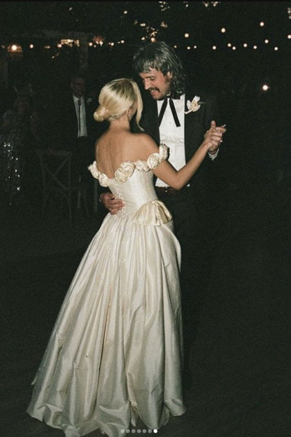 Vintage Ivory Rose A Line Off the Shoulder Satin Long Wedding Dress DP5213
