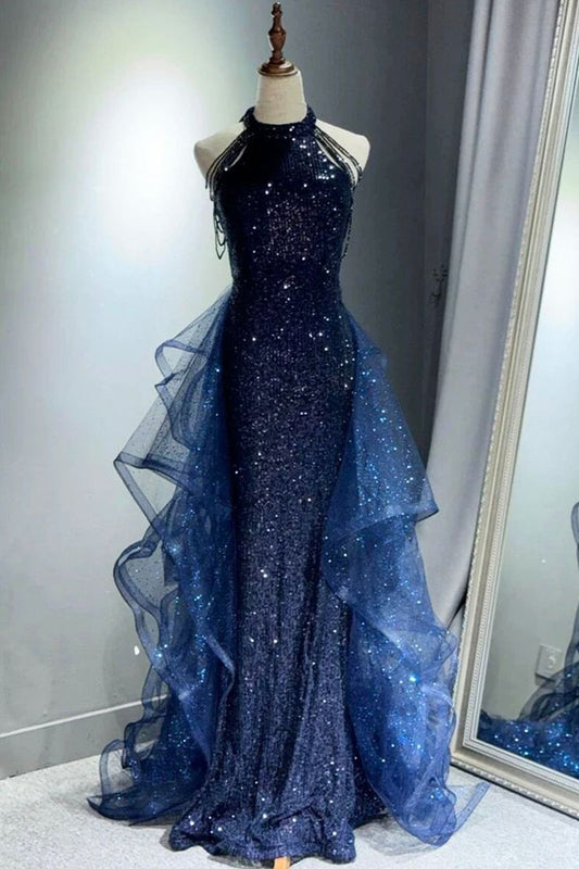 Navy Shiny Sequin Tulle Long Party Dress with Beaded, Navy Evening Party Dress DP1975