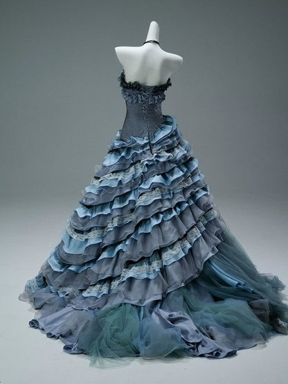 Princess Dark Blue Ball Gown Strapless Beaded Layered Organza Prom Dress 16th Birthday Dress DP5390