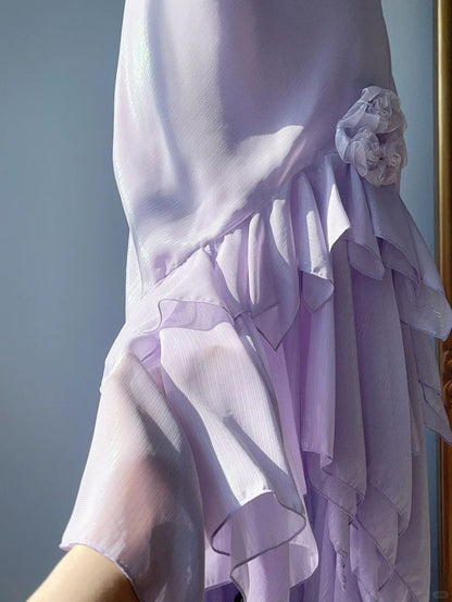 Gentle Purple Mermaid Spaghetti Strap Floral Ruffle Chiffon Evening Dress Date Dress Outfits DP3300