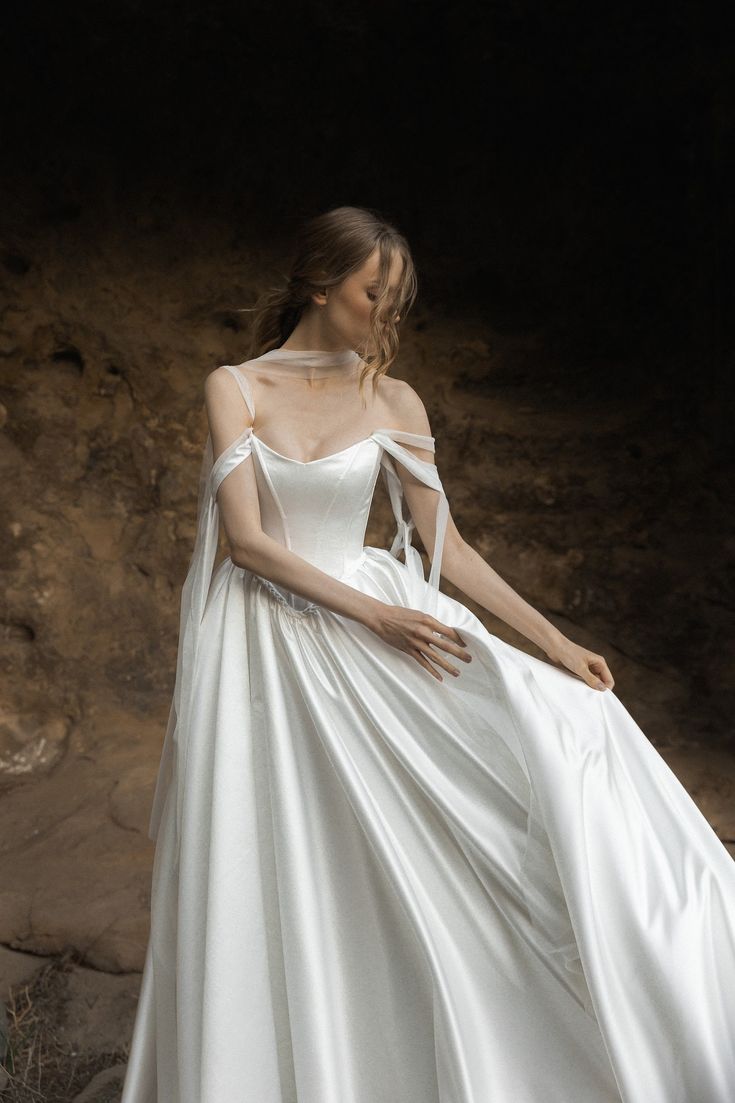 Ethereal A Line Spaghetti Strap White Tulle Satin Long Wedding Dress DP7195
