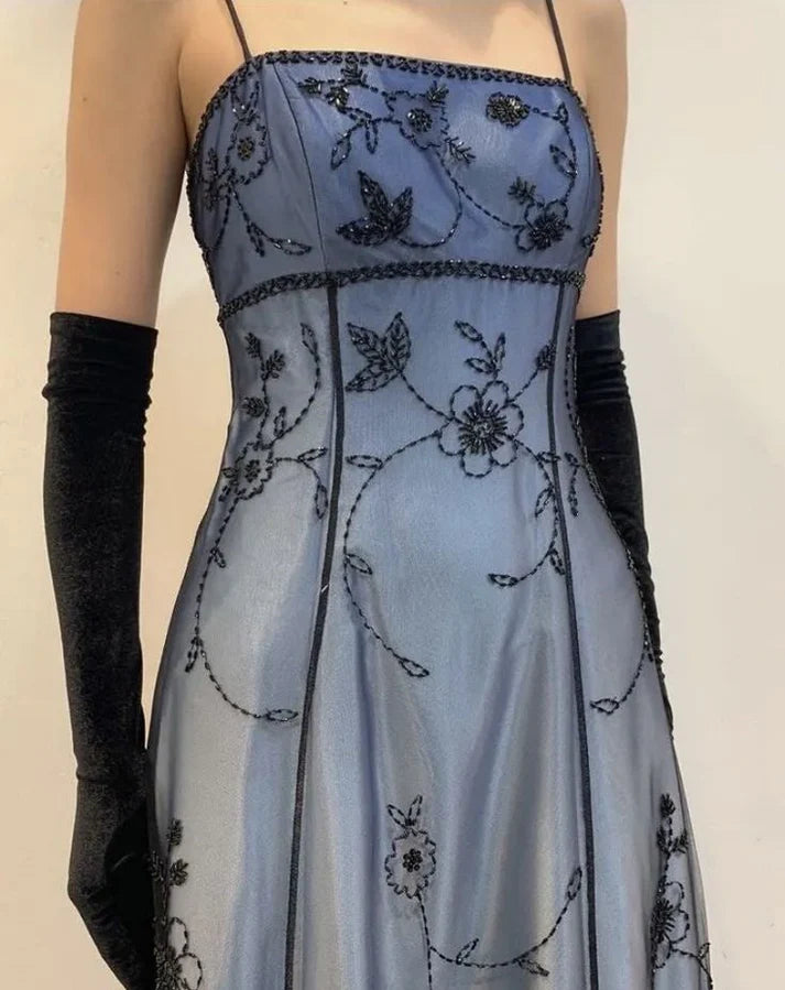 Vintage A Line Spaghetti Strap Beaded Chiffon Blue Satin Prom Dress Graduation Prom Dress DP2196