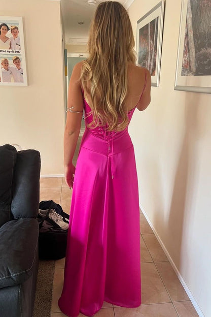 Hot Pink A Line Spaghetti Straps Satin Prom Dresses Evening Dresses DP1285