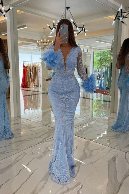 Blue Mermaid V-Neck Applique And Feather Satin Prom Dress DP791