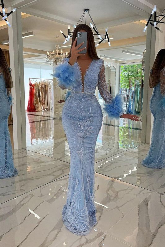 Blue Mermaid V-Neck Applique And Feather Satin Prom Dress DP791